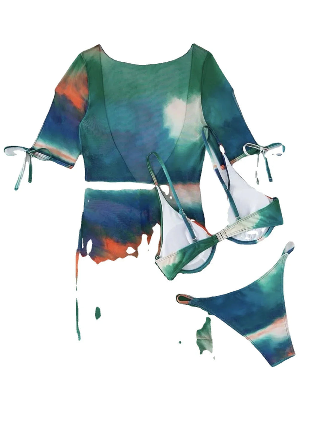 Colorful tie-dye bikini set and sheer cover-up with green, orange, and blue hues on white background