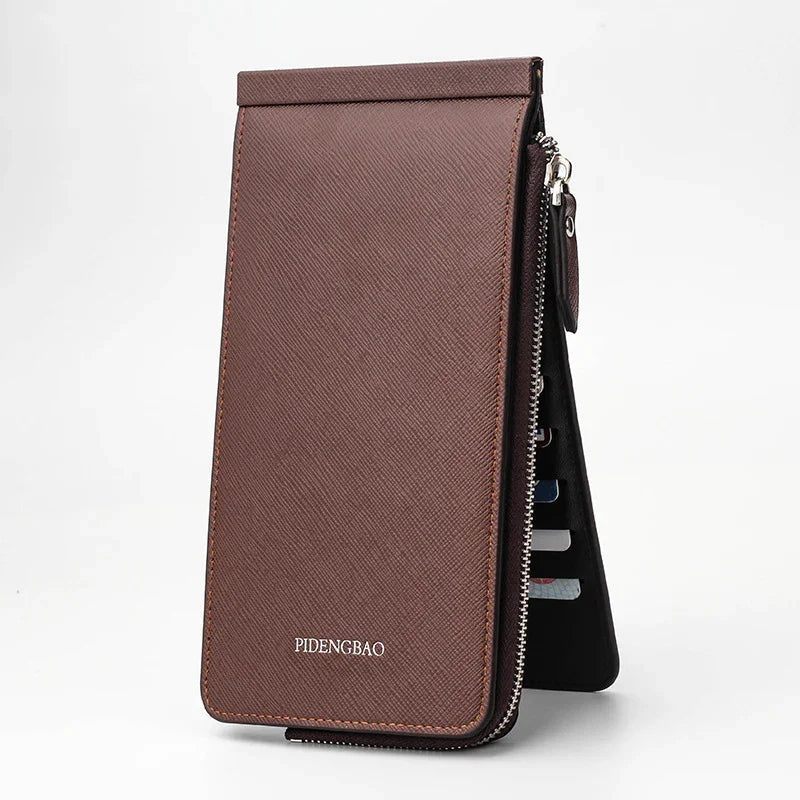 Brown PIDENGBAO leather wallet with zipper and multiple card slots, standing open