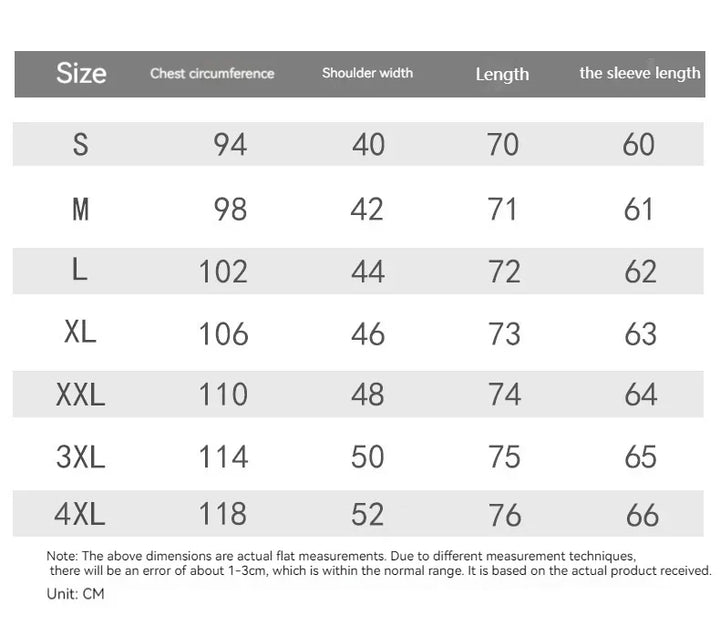 Clothing size chart with chest, shoulder, length, and sleeve length measurements in cm for sizes S to 4XL