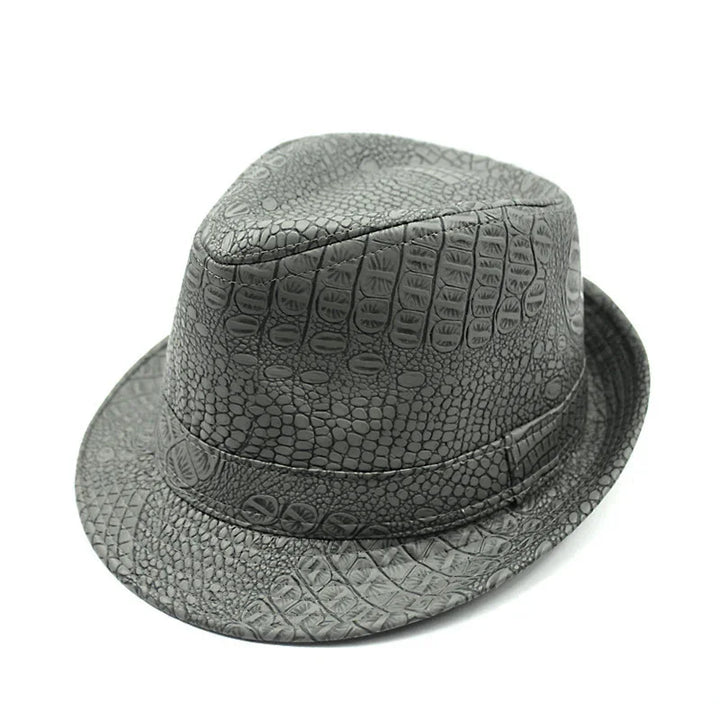 Gray fedora hat with alligator skin texture, stylish men's fashion accessory