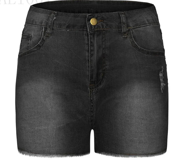 Black denim shorts with frayed hem and distressed detail on white background