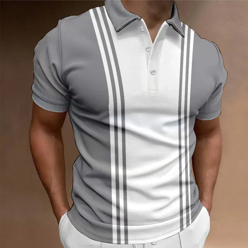 Man wearing a stylish gray and white striped polo shirt with short sleeves and a buttoned collar