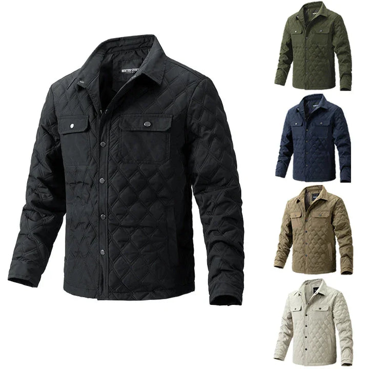 men's quilted jacket in black with front pockets, available in green, navy, brown, and beige colors