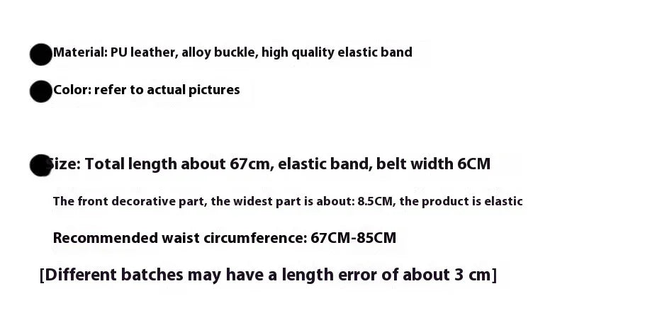 Product details for PU leather belt with alloy buckle and elastic band, size and waist recommendations