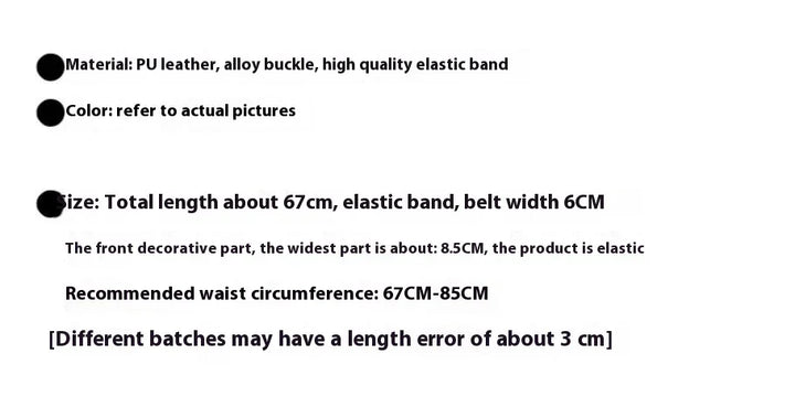 Product details for PU leather belt with alloy buckle and elastic band, size and waist recommendations