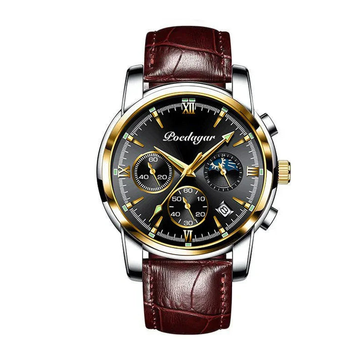 Poedagar men's luxury chronograph watch with black dial, gold accents, and brown leather strap