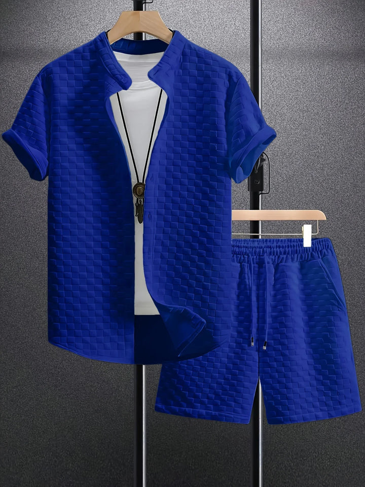 Blue textured short sleeve shirt and matching shorts set with white t-shirt and pendant necklace