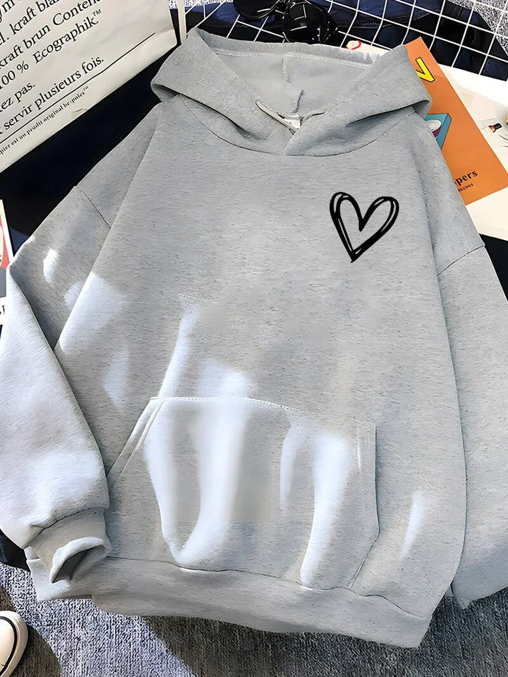 Light gray hoodie with kangaroo pocket and black hand-drawn heart design on chest, casual wear