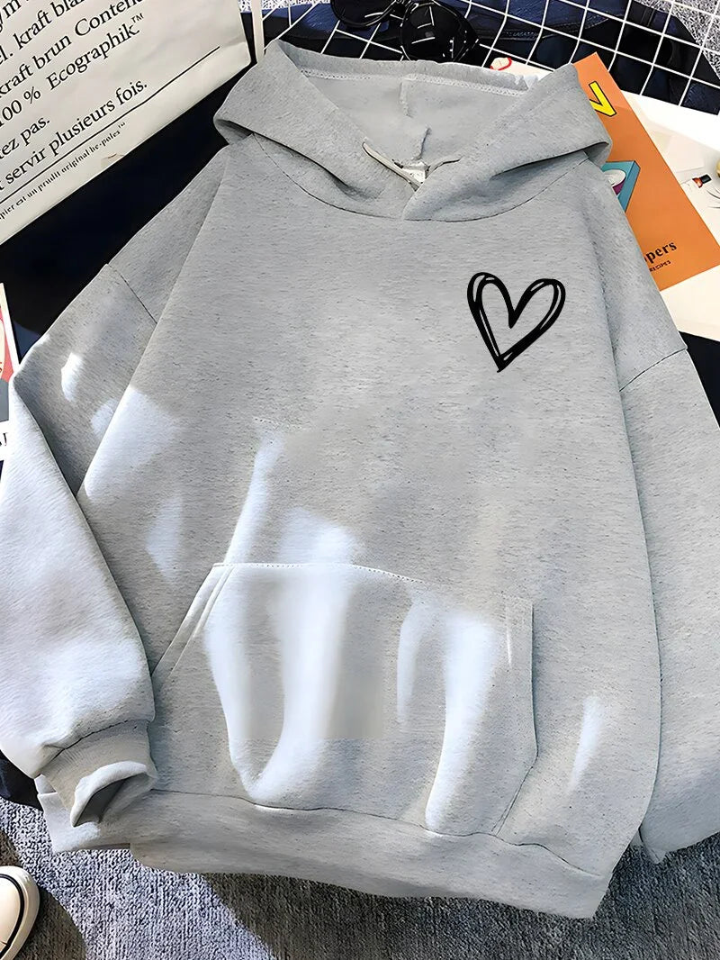 Light gray hoodie with black hand-drawn heart graphic on chest, front pocket, and hood
