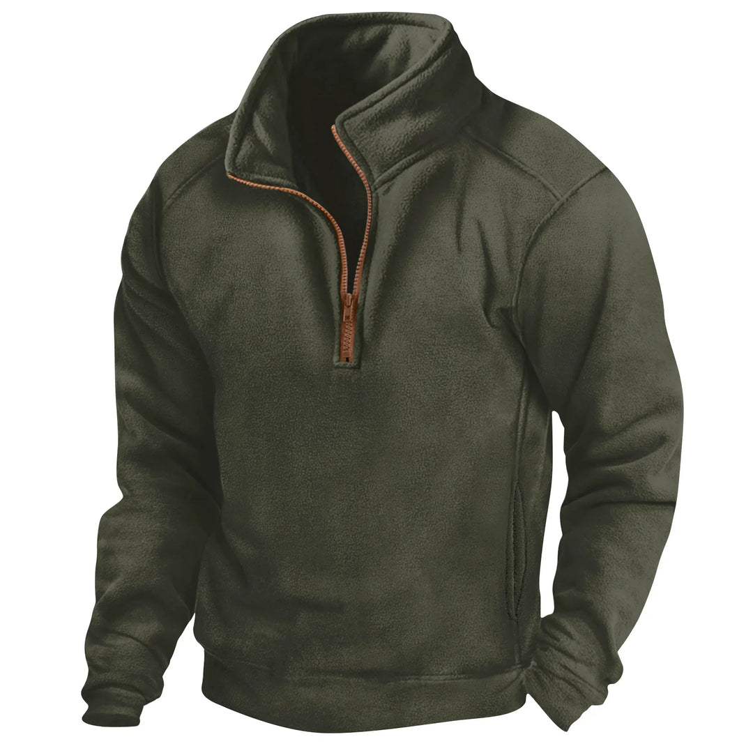 Dark olive green fleece pullover with quarter zip and brown zipper on white background