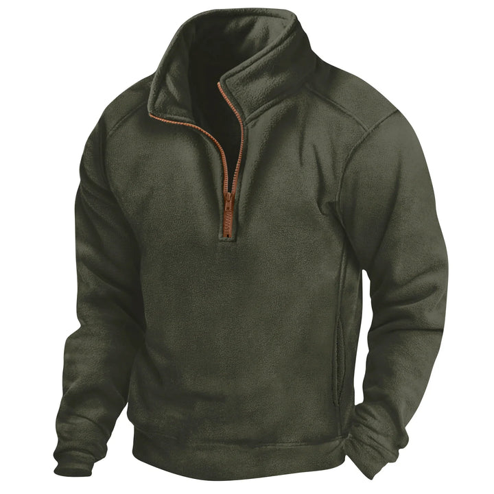 Dark olive green fleece pullover with quarter zip and brown zipper on white background