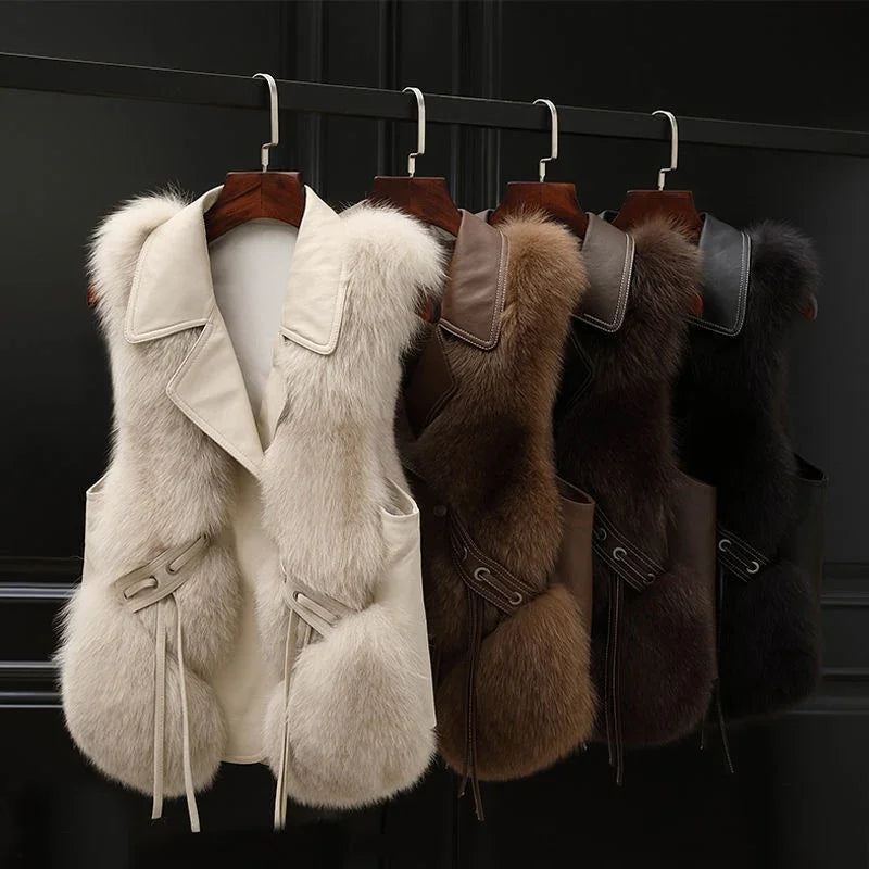 Four fur vests in cream, light brown, dark brown, and black hanging on wooden hangers on a black rack