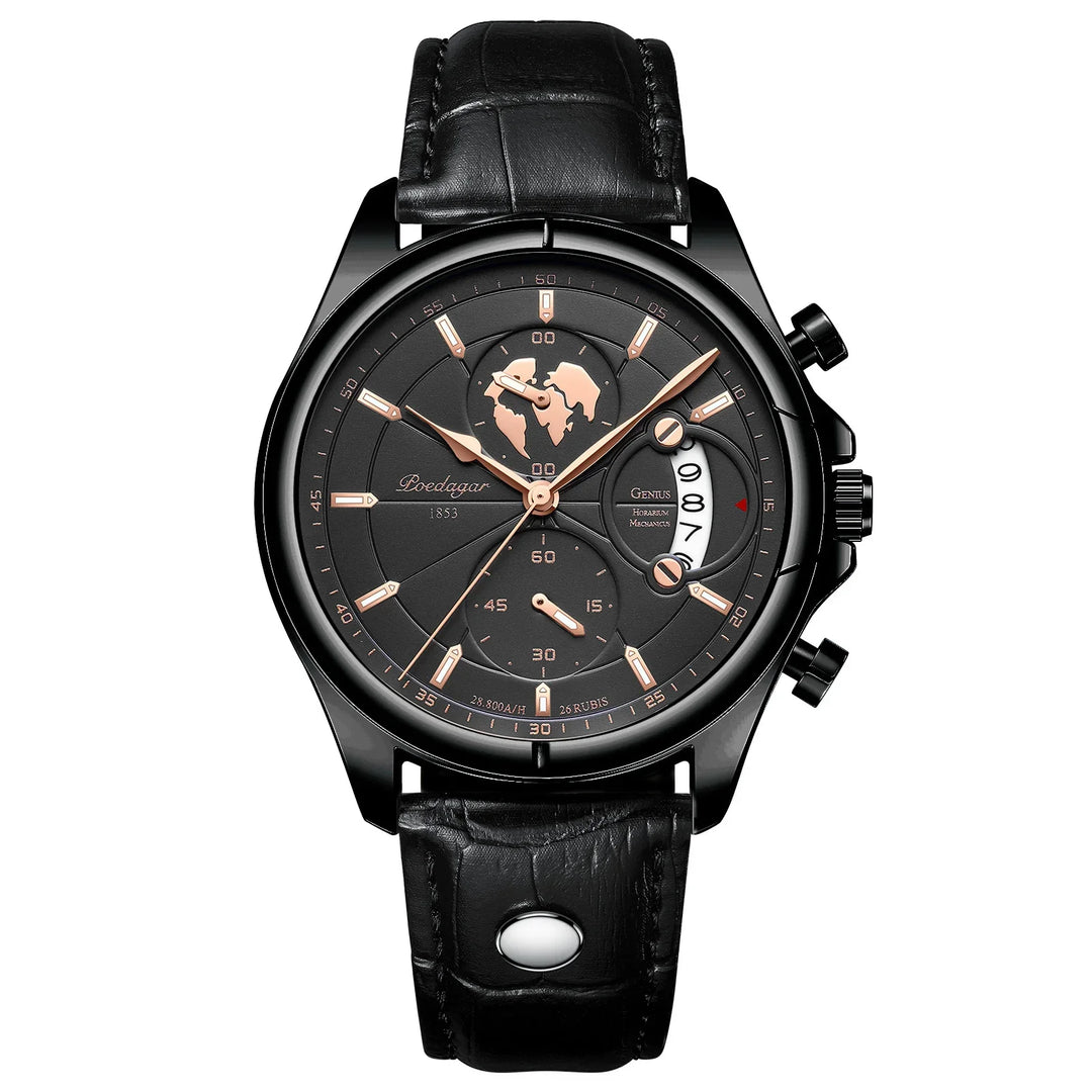 Black Poedagar men's wristwatch with leather strap, world map dial, and gold-tone markers