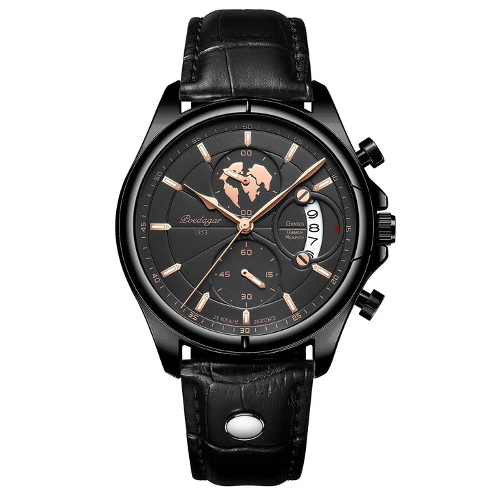 Black Poedagar men's wristwatch with leather strap, world map dial, and gold-tone markers