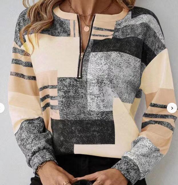 Women's long-sleeve pullover with zipper, abstract beige and gray geometric print, casual top