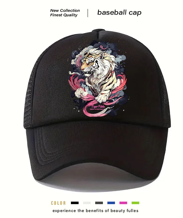 Black baseball cap with artistic white tiger design and colorful swirls, new collection, finest quality