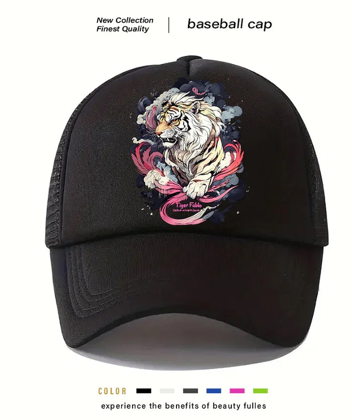 Black baseball cap with artistic white tiger design and colorful swirls, new collection, finest quality