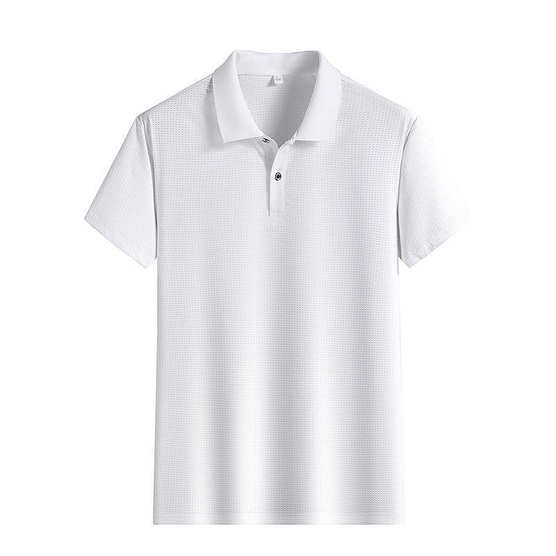 White short-sleeve polo shirt with textured fabric and button placket on white background