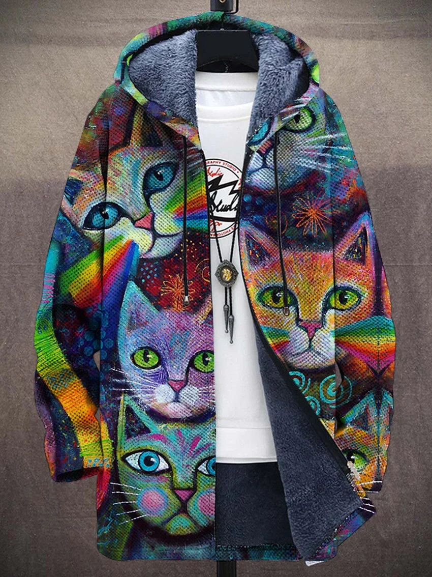 Colorful hoodie with vibrant abstract cat faces and rainbow patterns, fleece-lined for warmth