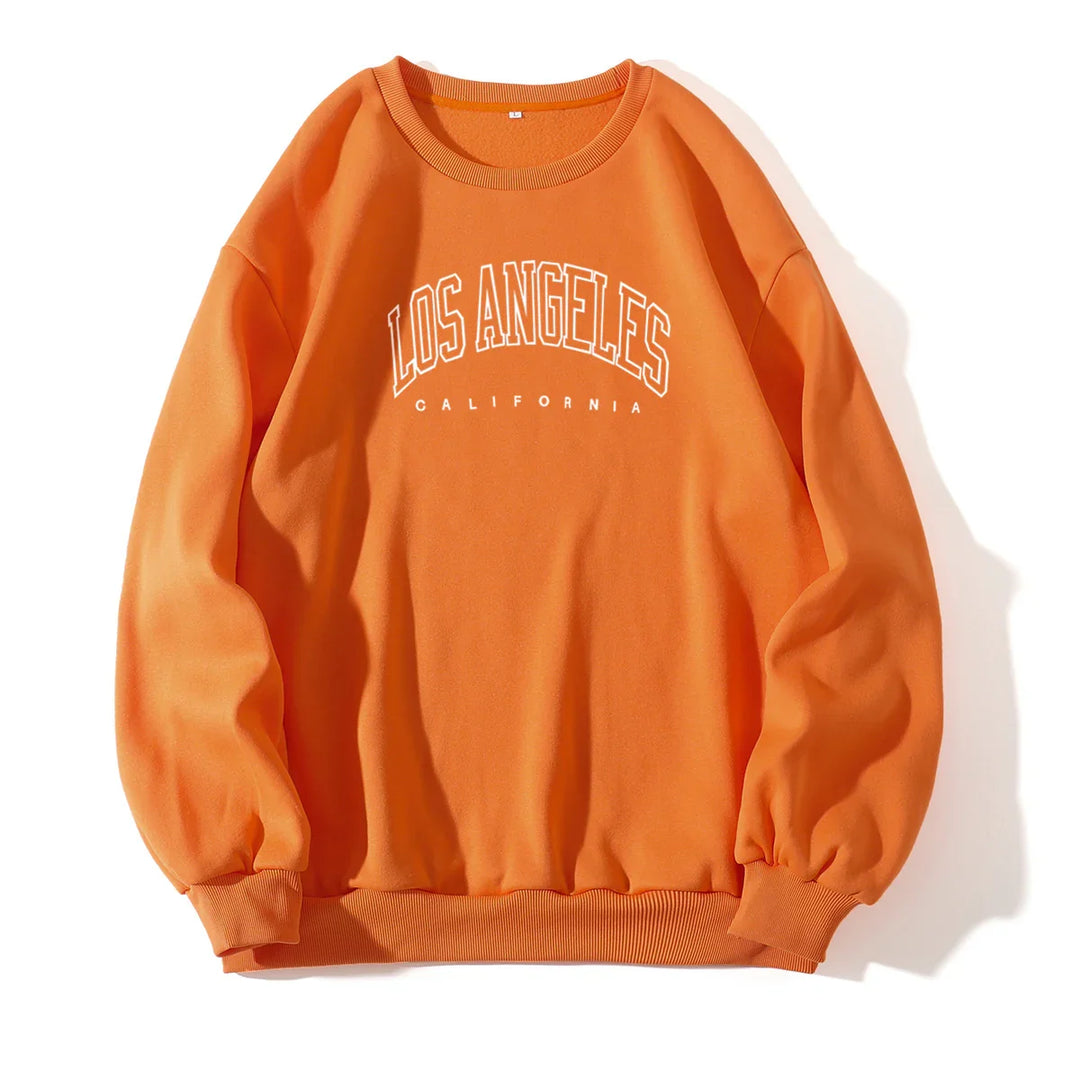 Orange crewneck sweatshirt with LOS ANGELES CALIFORNIA text printed in white