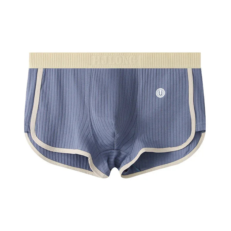 Men's blue ribbed athletic shorts with beige waistband and trim, FUJILONG brand logo