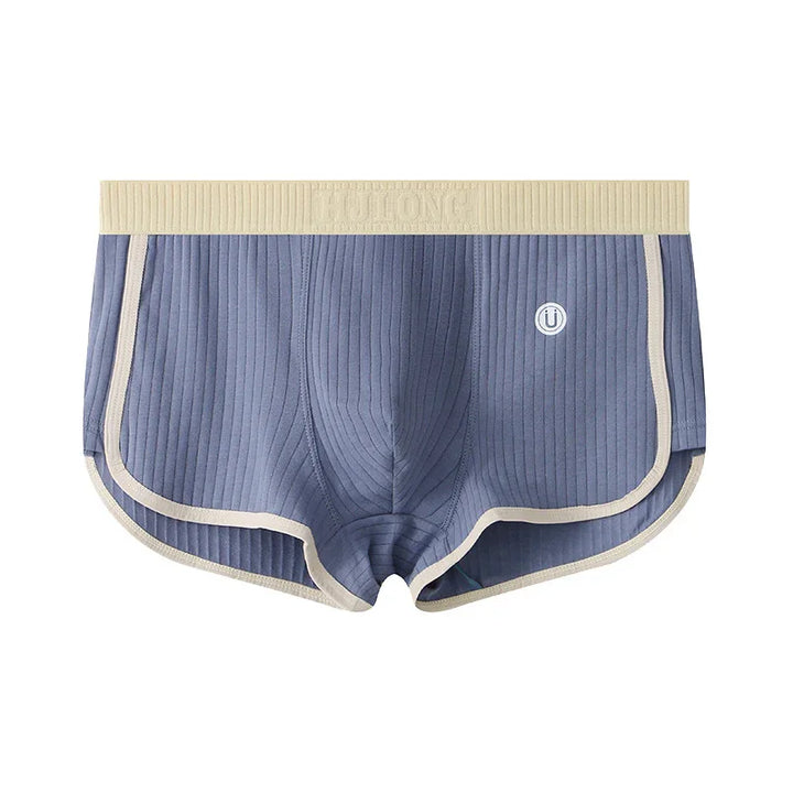 Men's blue ribbed athletic shorts with beige waistband and trim, FUJILONG brand logo