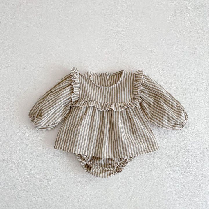 Beige and white striped baby romper with long puff sleeves and ruffle details on chest