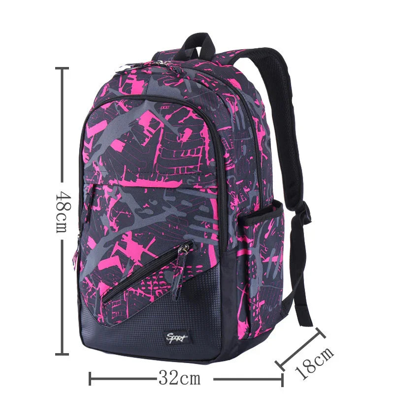 48cm tall black and pink abstract pattern sports backpack with multiple compartments and padded straps