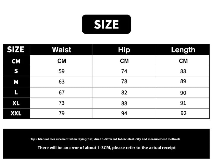 Size chart for clothing with waist, hip, and length measurements in centimeters for sizes S to XXL