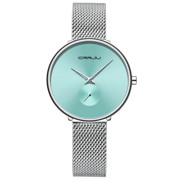 Minimalist CRRJU men's wristwatch with turquoise dial and silver mesh strap