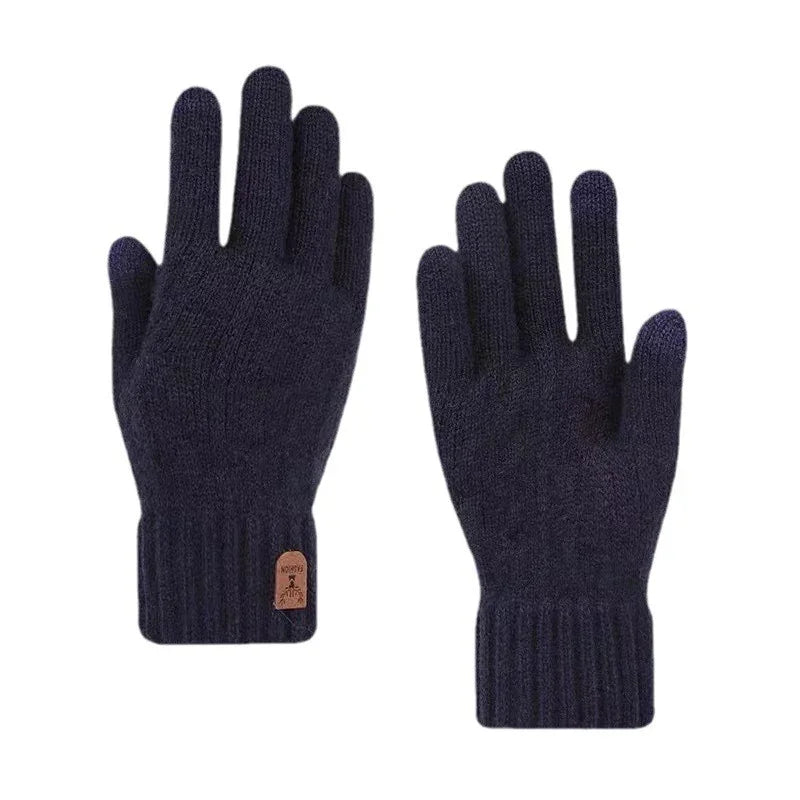Pair of navy blue knit winter gloves with ribbed cuffs and a small brown logo tag