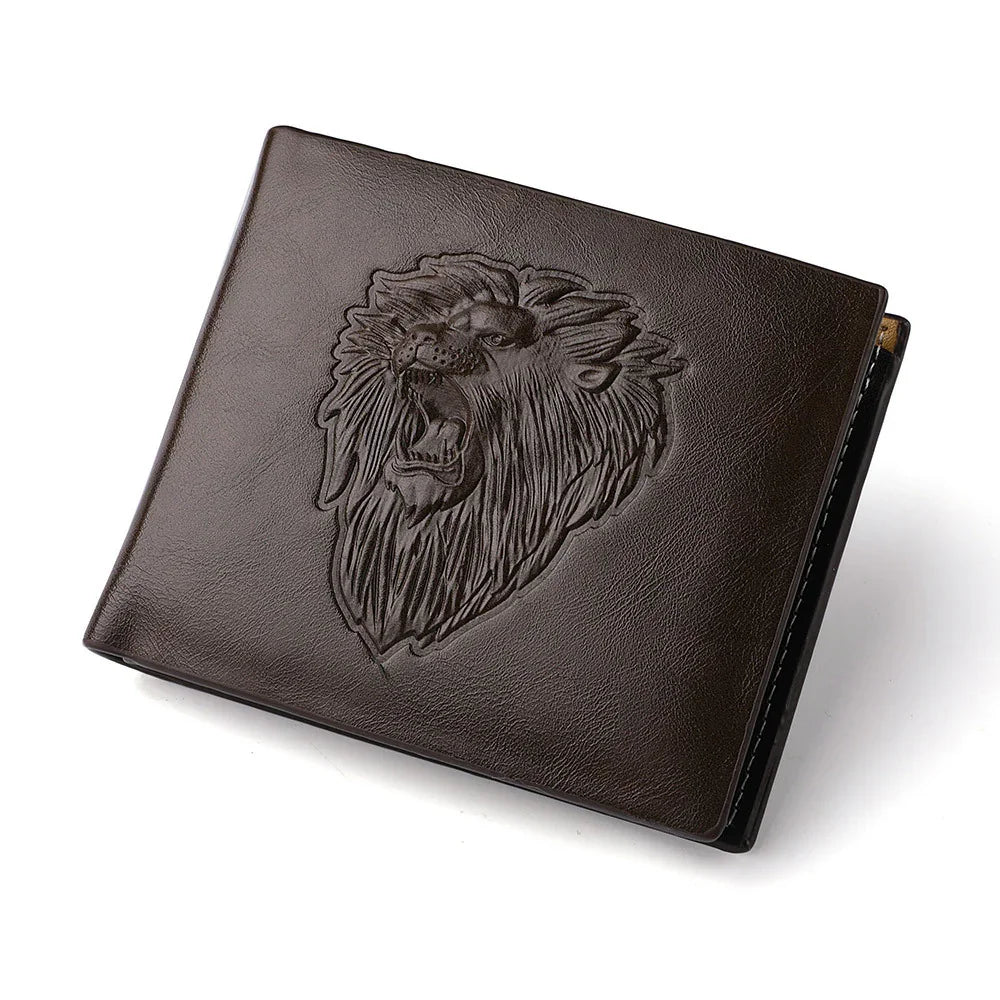 Dark brown leather wallet featuring embossed roaring lion head design, minimalist style