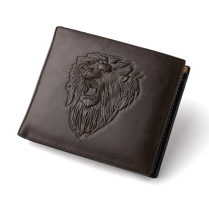 Dark brown leather wallet featuring embossed roaring lion head design, minimalist style