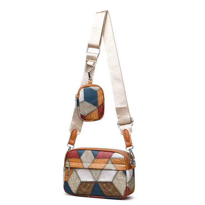 Colorful geometric patchwork crossbody bag with adjustable beige strap and small detachable pouch