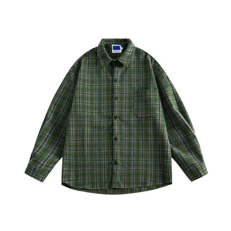Green plaid button-up shirt with long sleeves and chest pocket on white background