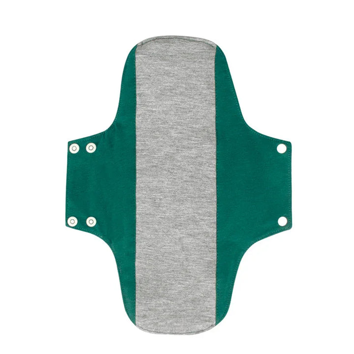 Reusable cloth menstrual pad with grey center and green wings, equipped with snap buttons