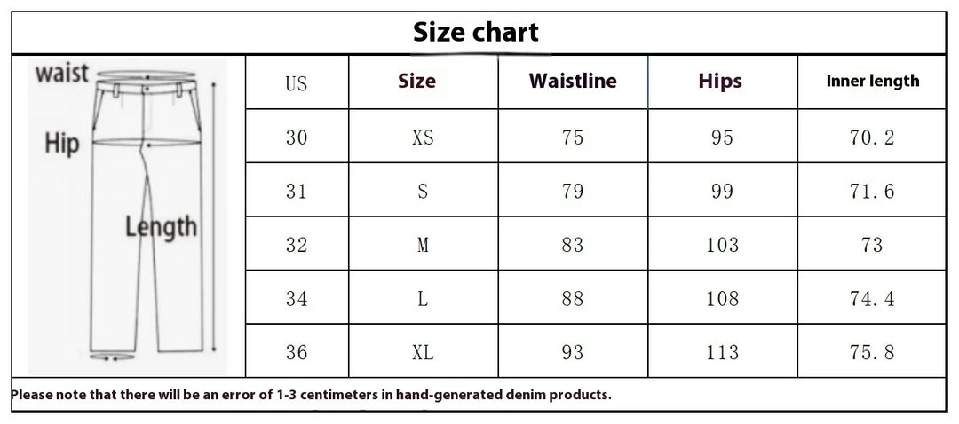 Denim jeans size chart with US sizes XS to XL, waistline, hips, and inner length measurements