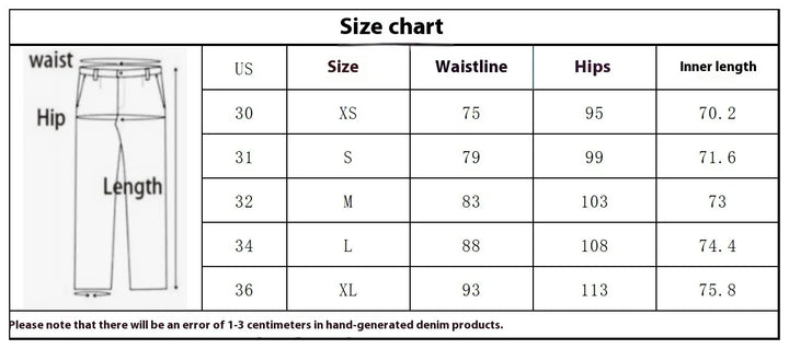 Denim jeans size chart with US sizes XS to XL, waistline, hips, and inner length measurements