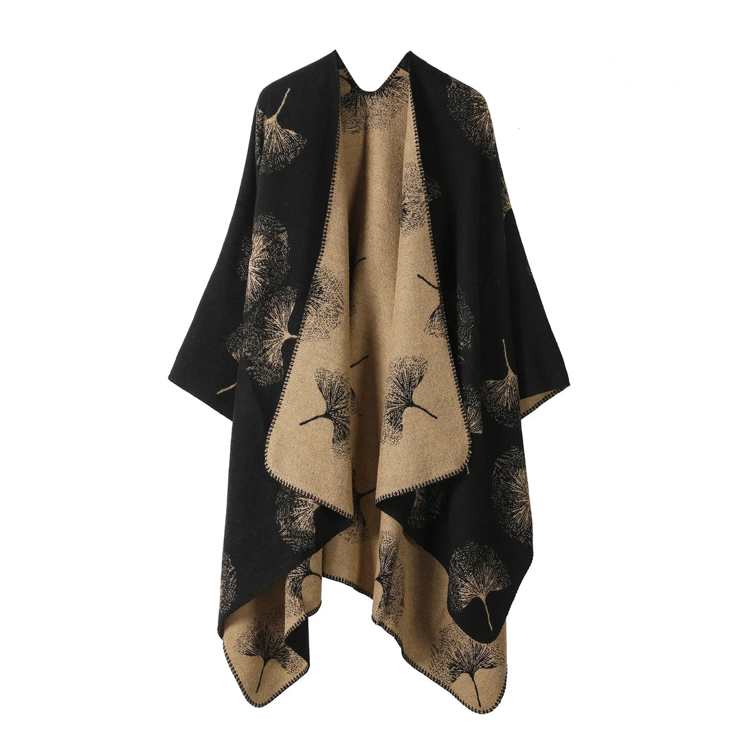 Black and beige reversible shawl with ginkgo leaf pattern, soft knit wrap for women