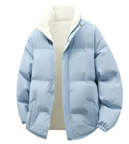 Light blue padded winter jacket with white sherpa fleece lining and front pockets