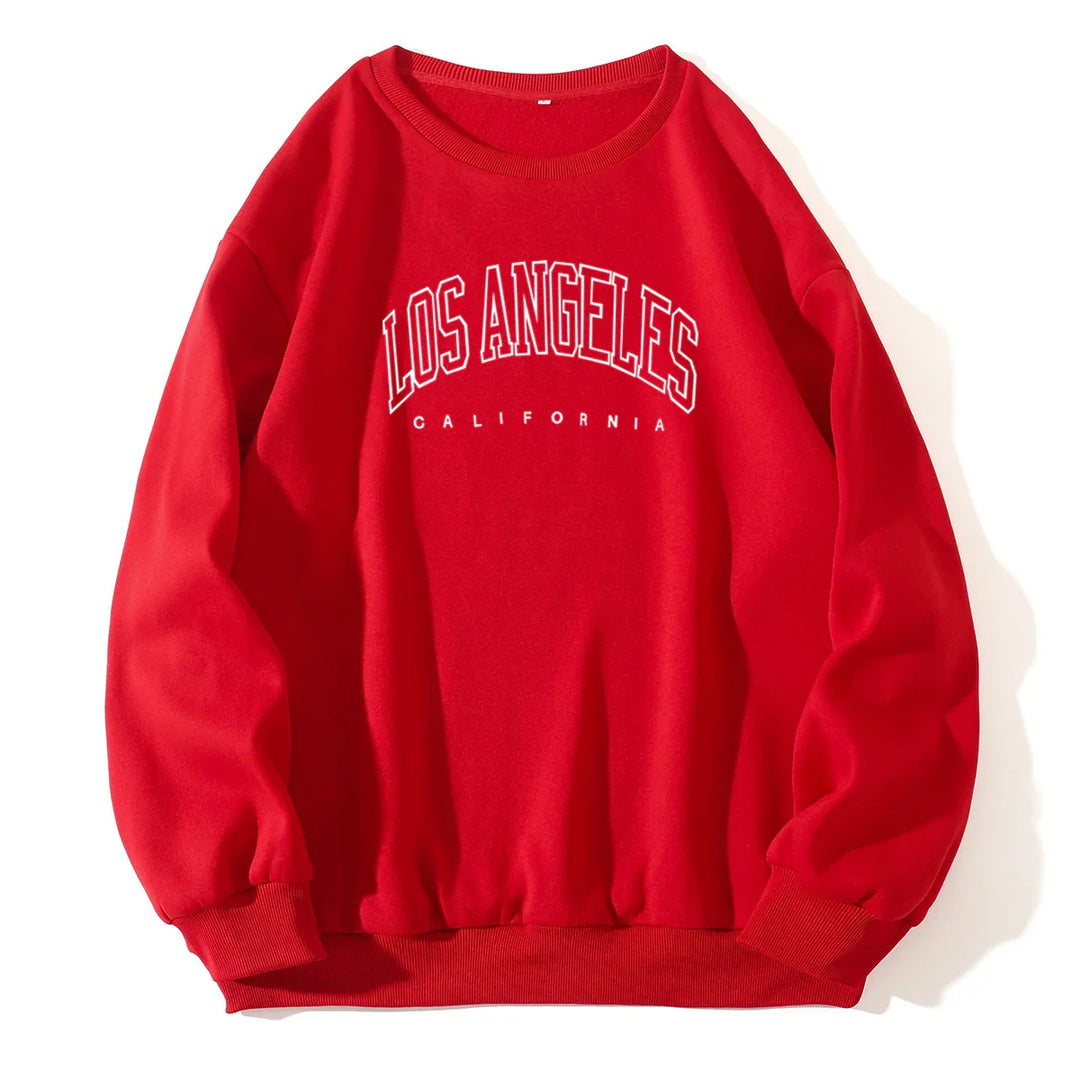 Red crewneck sweatshirt with white Los Angeles California text print