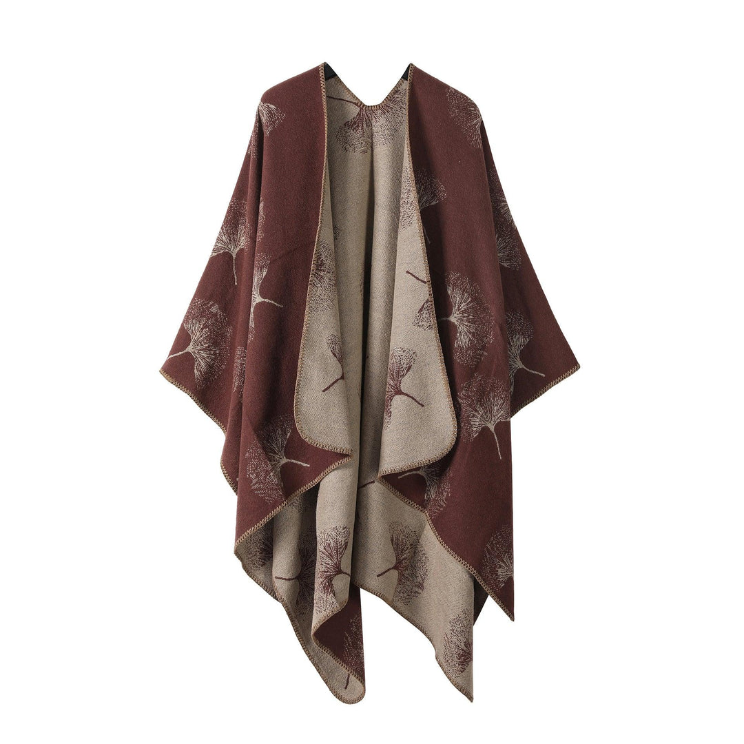 Reversible brown and beige cardigan with leaf pattern and open front design