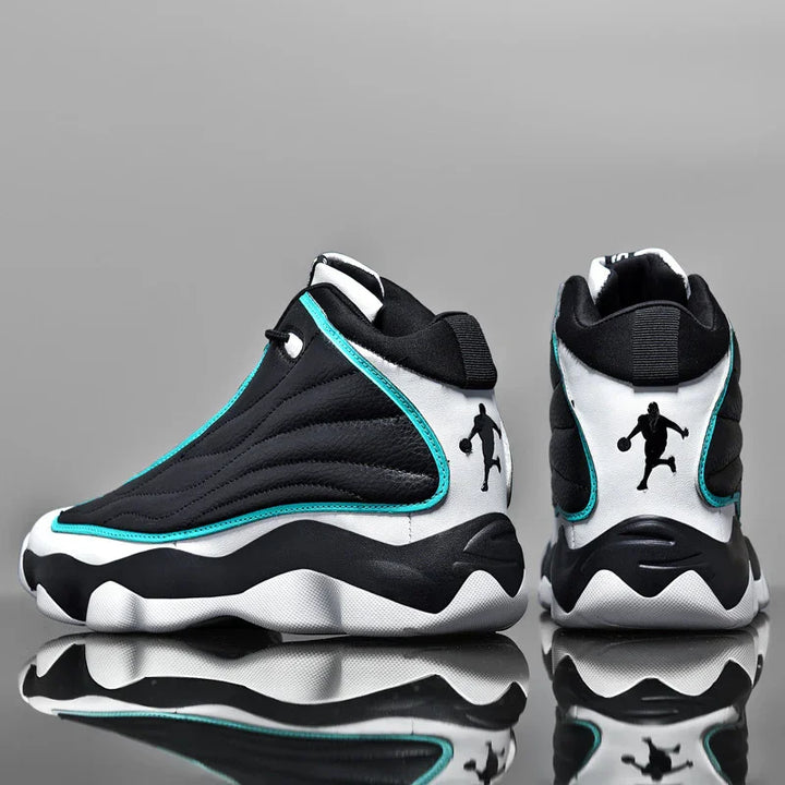 Black and white basketball sneakers with turquoise trim and player silhouette logo against gray background