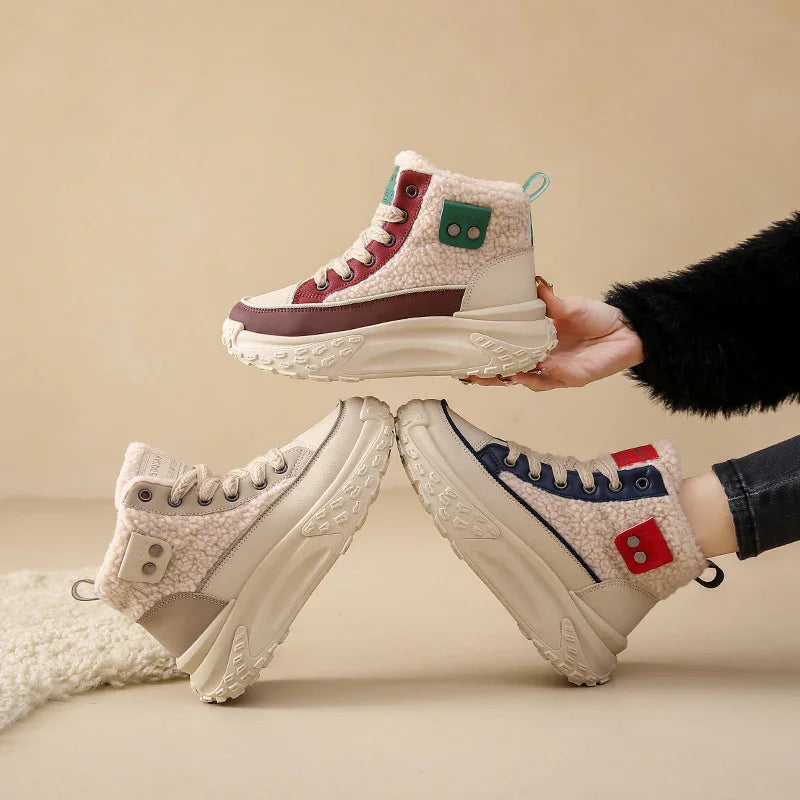 Fuzzy sherpa winter high-top sneakers with thick soles in beige, red, blue, and green accents