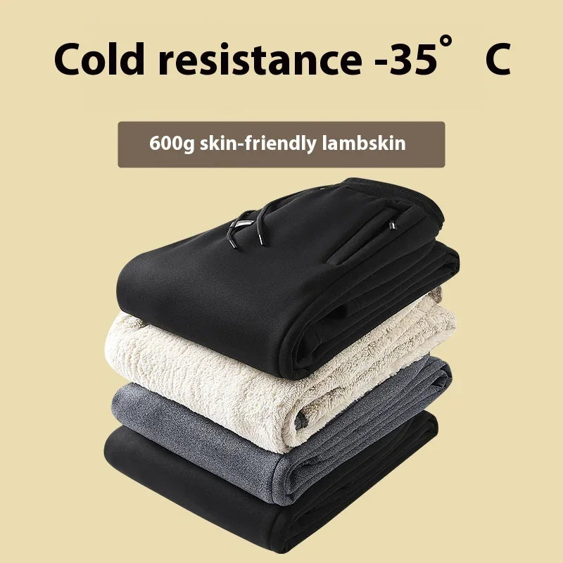 Stack of folded winter pants showcasing cold resistance to -35°C and 600g skin-friendly lambskin lining