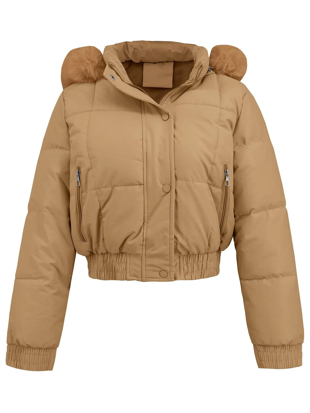 Tan cropped puffer jacket with zippered pockets and fuzzy pom-pom details on hood