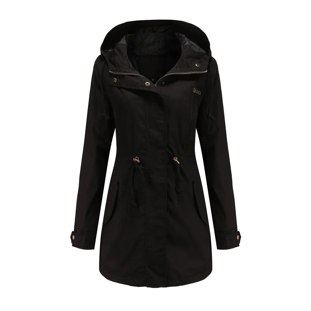 Black women's long hooded jacket with zipper and drawstring waist