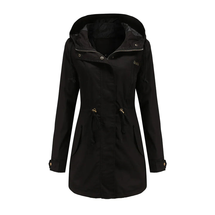 Black women's long hooded jacket with zipper and drawstring waist