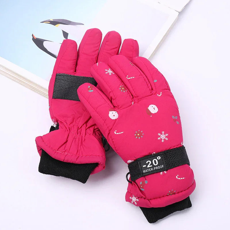 Red waterproof winter gloves with snowflake and candy patterns, insulated for -20° cold weather