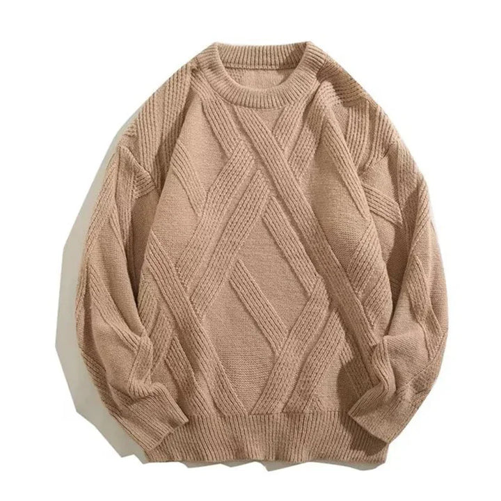 Beige knitted sweater with intricate geometric cable patterns and ribbed cuffs and hem